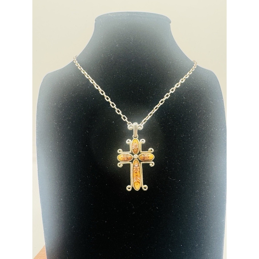 Alan K 925 Sterling Silver Amber Cross Pendant Necklace 29" 22g